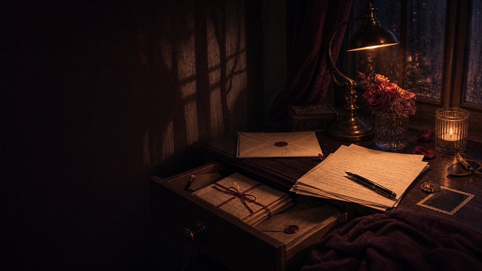 Mesa noturna com cartas guardadas, envelope fechado e luz baixa de abajur.