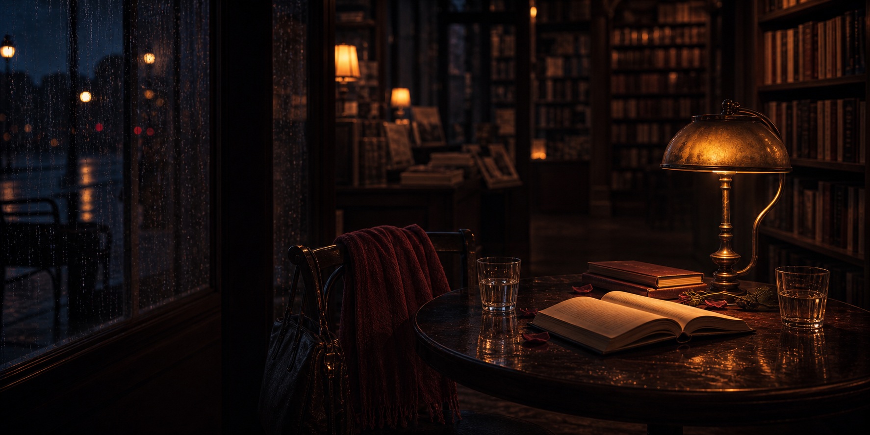 Livraria fechada à noite, com mesa de leitura, livro aberto e lenço vermelho sobre uma cadeira.