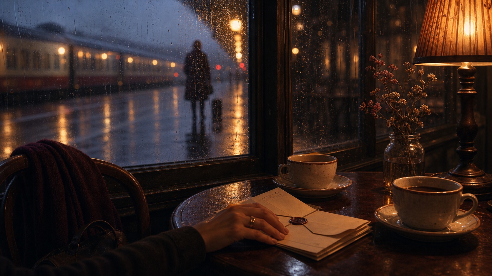 Café de estação em noite chuvosa, com duas xícaras e uma carta sobre a mesa.