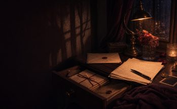 Mesa noturna com cartas guardadas, envelope fechado e luz baixa de abajur.