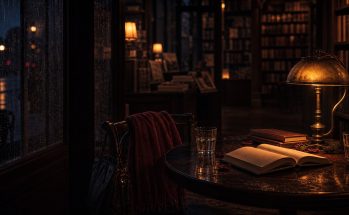 Livraria fechada à noite, com mesa de leitura, livro aberto e lenço vermelho sobre uma cadeira.