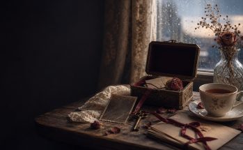 Caixa de lembranças aberta sobre uma mesa, com rosa seca, chave antiga e fotografia virada.