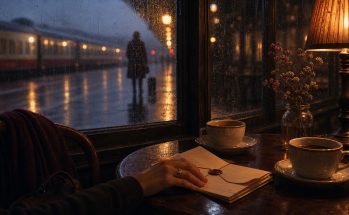 Café de estação em noite chuvosa, com duas xícaras e uma carta sobre a mesa.